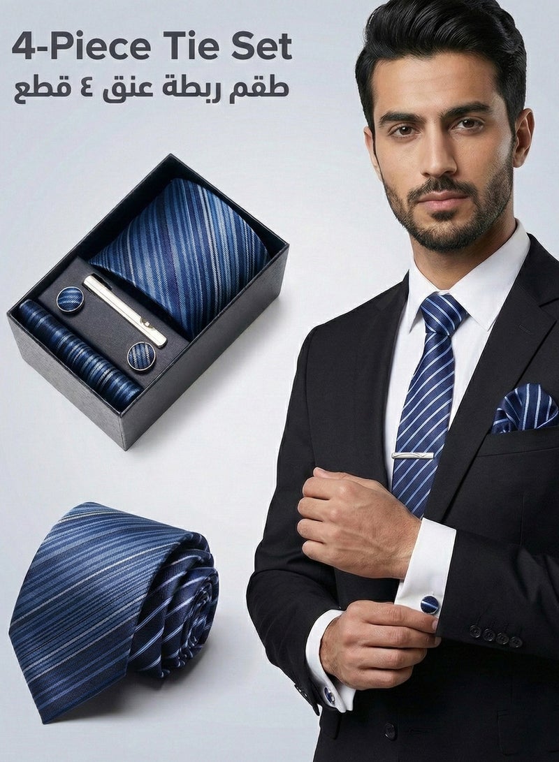 FIORICASA 4-PIECE Men's Necktie Gift Set - Navy Blue Gradient Striped Tie with Matching Pocket Square, Cufflinks and Tie Clip - Elegant Formal Business Accessories Box - Image 1